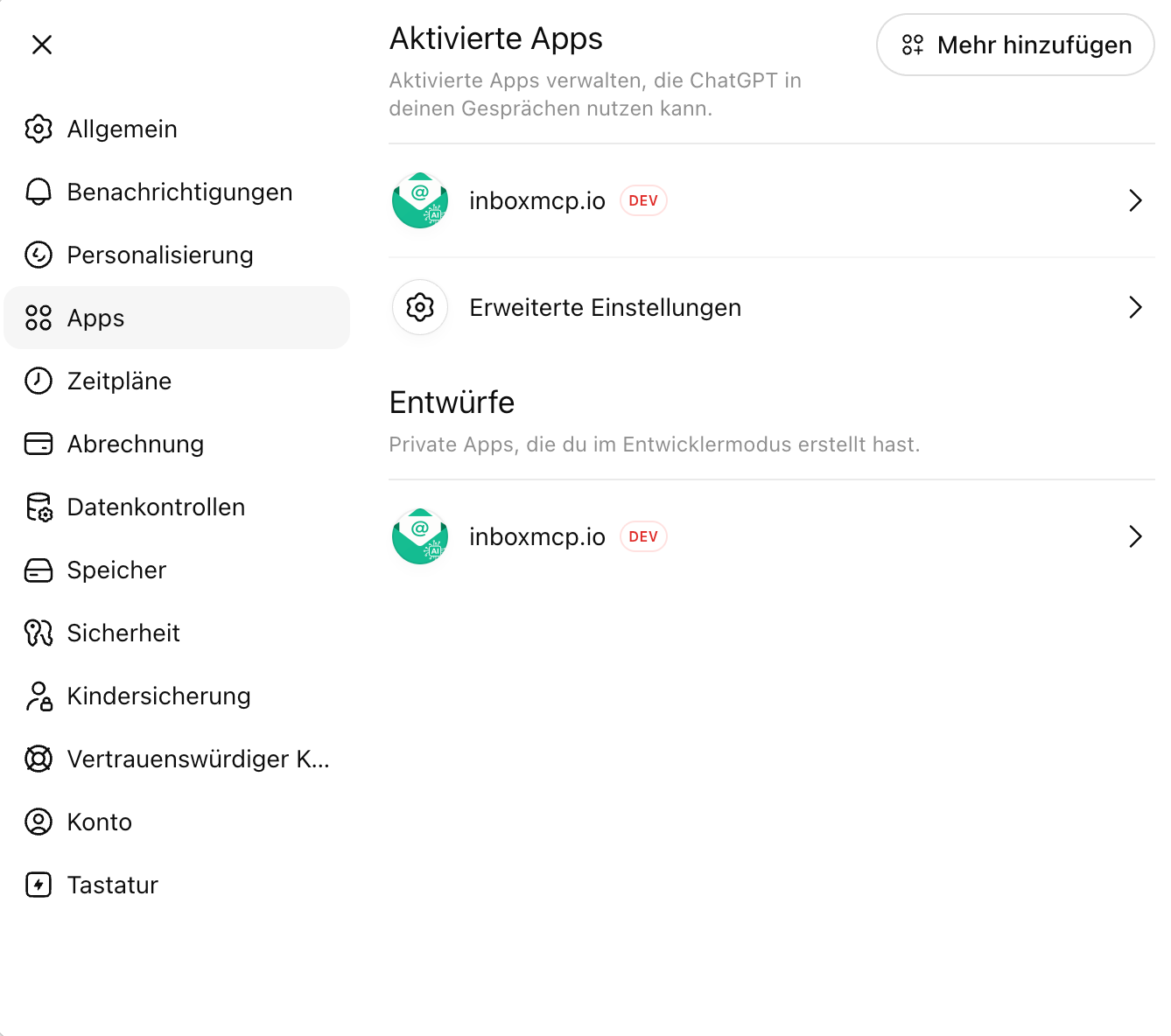 ChatGPT settings with the 'Apps' section selected. On the right, the 'Advanced settings' entry.