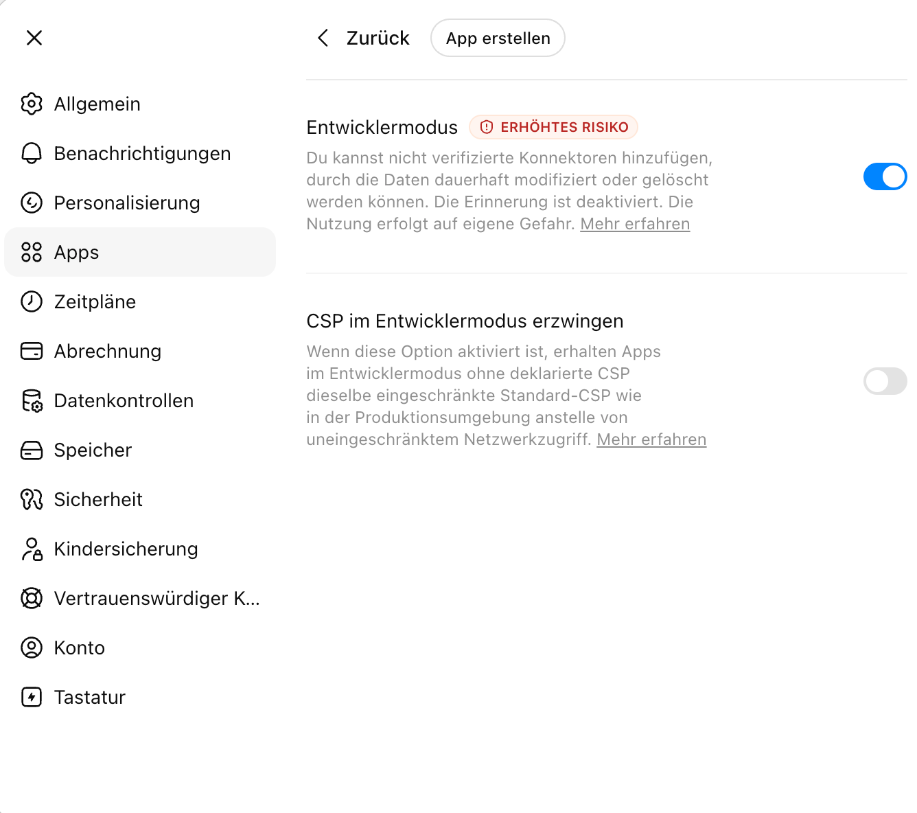 Advanced settings with the 'Developer Mode' switch enabled and an 'Increased risk' warning.