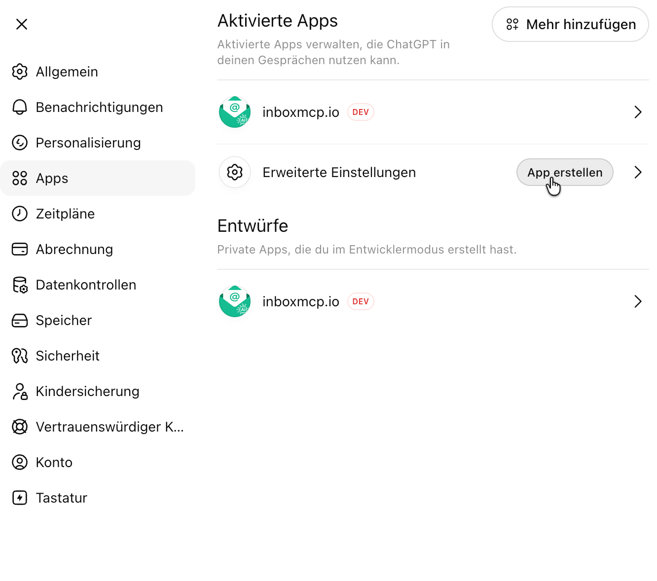 Apps overview, the mouse pointer is on the 'Create app' button.