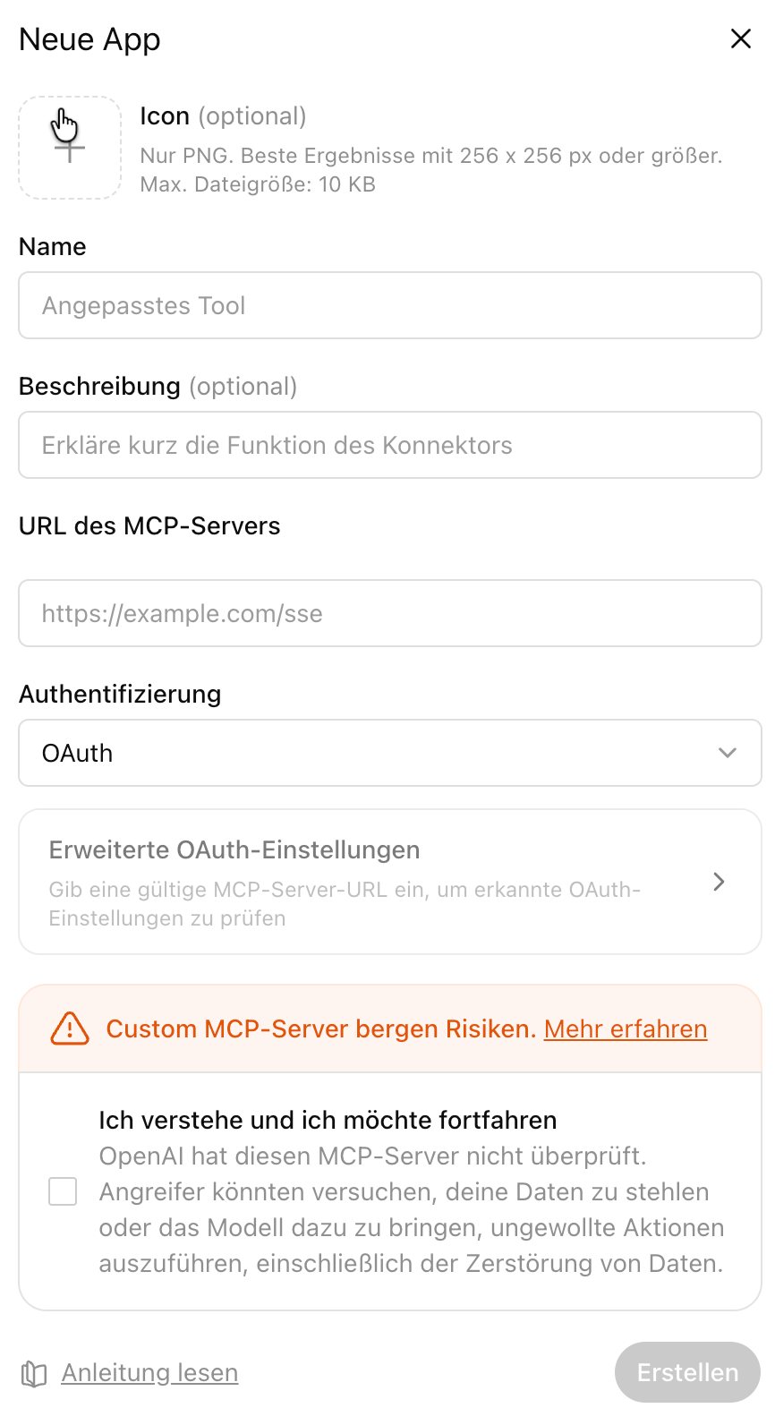 'New app' dialog with the fields name, MCP server URL and authentication. Below, the 'Custom MCP servers carry risks' notice with confirmation checkbox.