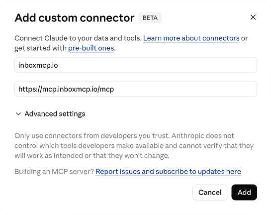 'Add custom connector' dialog with name inboxmcp.io and URL https://mcp.inboxmcp.io/mcp.